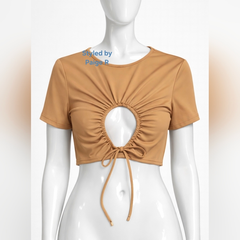 💕SKIMS Ruched front keyhole Short Sleeve Swim T Shirt Nude Almond Coverup XL 16